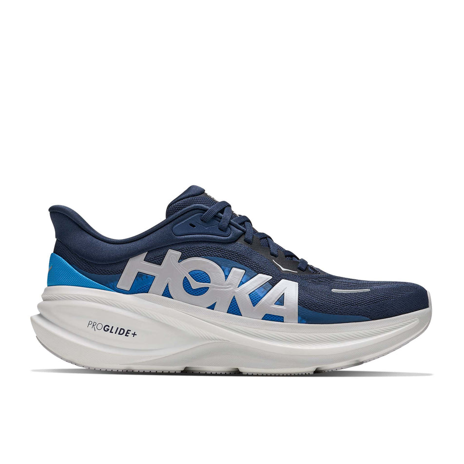 Lateral view of the right shoe from a pair of HOKA Men's Clifton Pro Running Shoes in the Varsity Navy/Soft Cobalt colourway.
