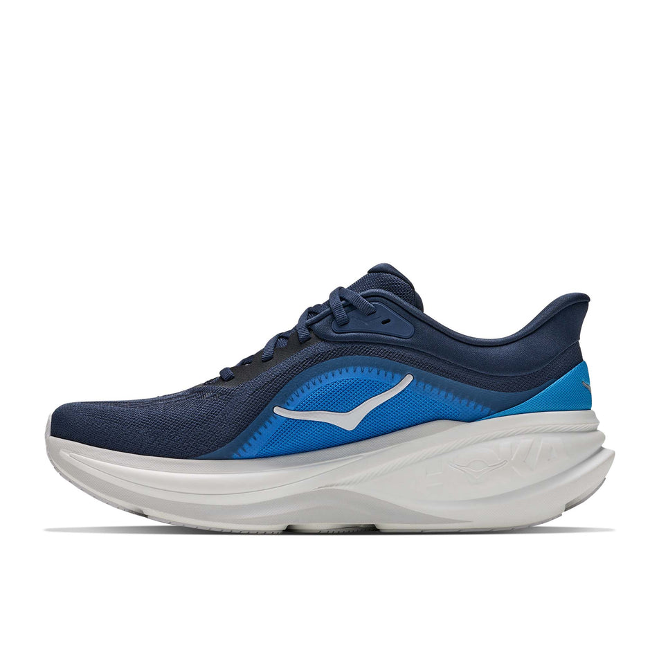 Medial view of the right shoe from a pair of HOKA Men's Clifton Pro Running Shoes in the Varsity Navy/Soft Cobalt colourway.