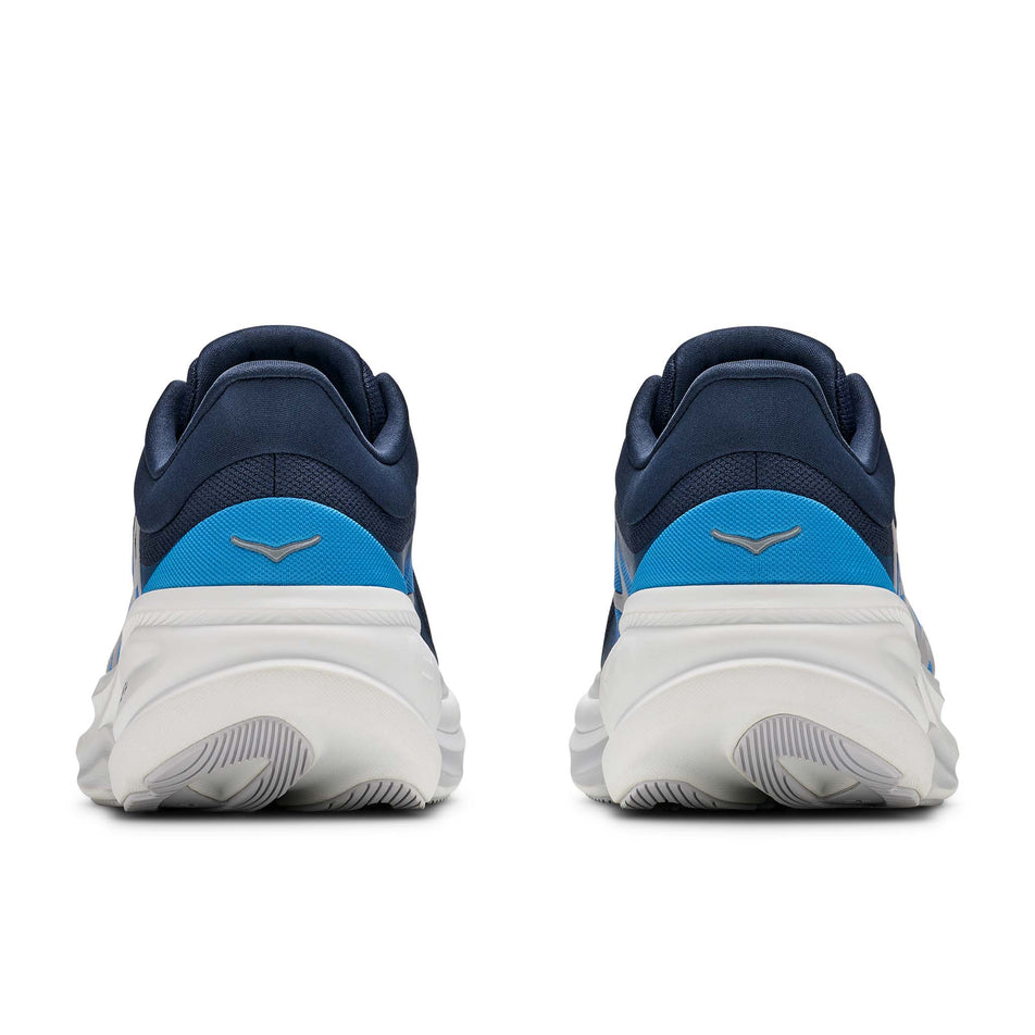 The back of a pair of HOKA Men's Clifton Pro Running Shoes in the Varsity Navy/Soft Cobalt colourway.