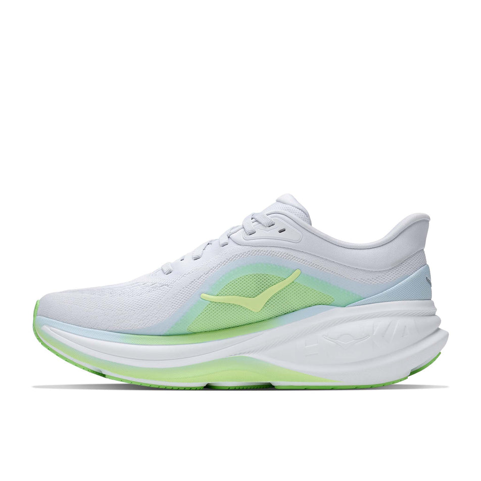 Medial view of the right shoe from a pair of HOKA Women's Clifton Pro Running Shoes in the Cosmic Grey/Neon Yuzu colourway.
