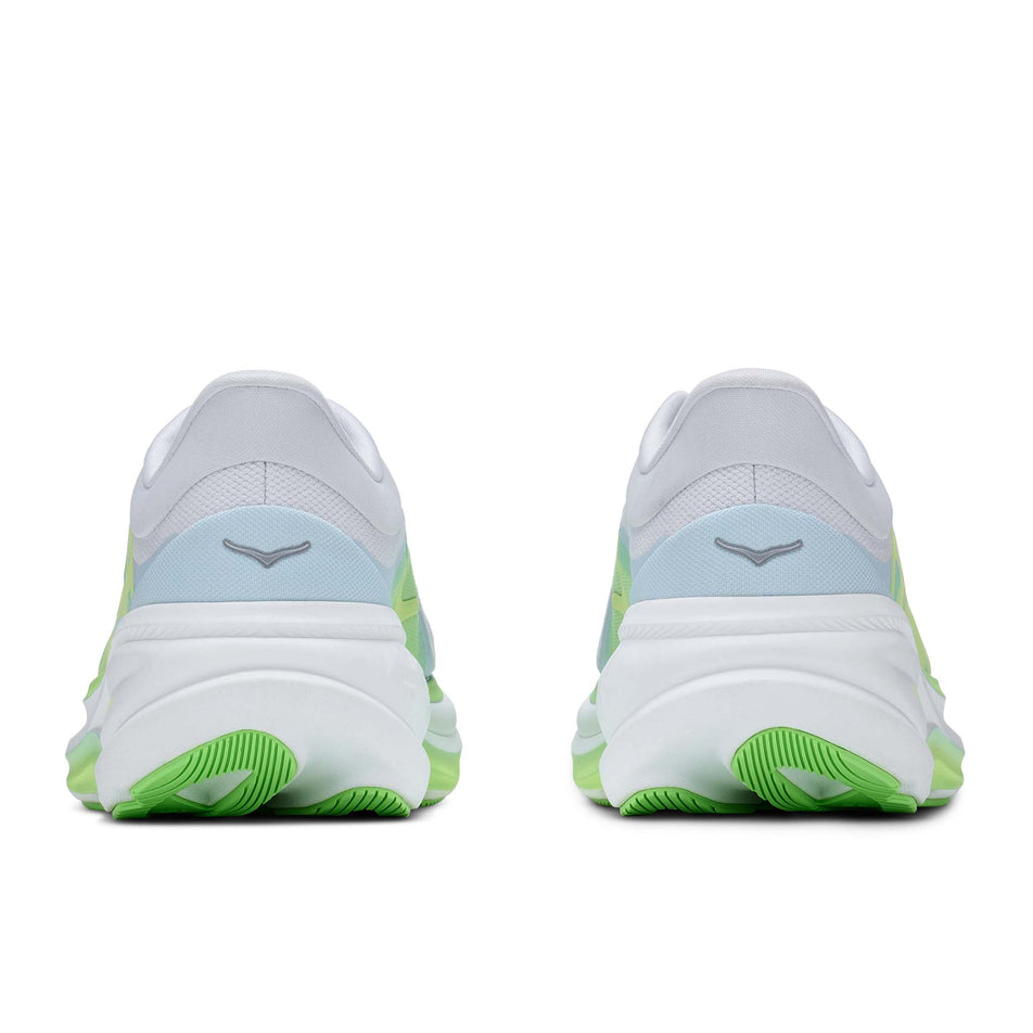 The back of a pair of HOKA Women's Clifton Pro Running Shoes in the Cosmic Grey/Neon Yuzu colourway.