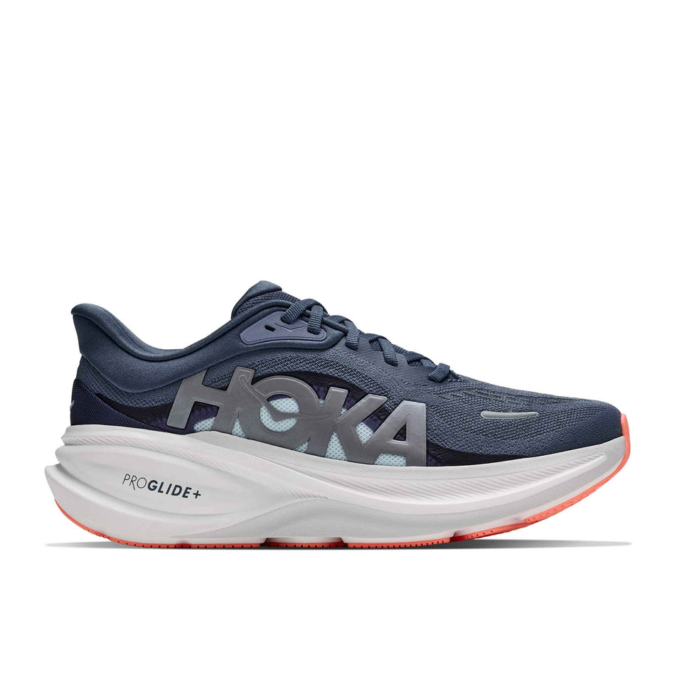 Lateral view of the right shoe from a pair of HOKA Women's Clifton Pro Running Shoes in the Faded Navy/Glimmering Blue colourway.
