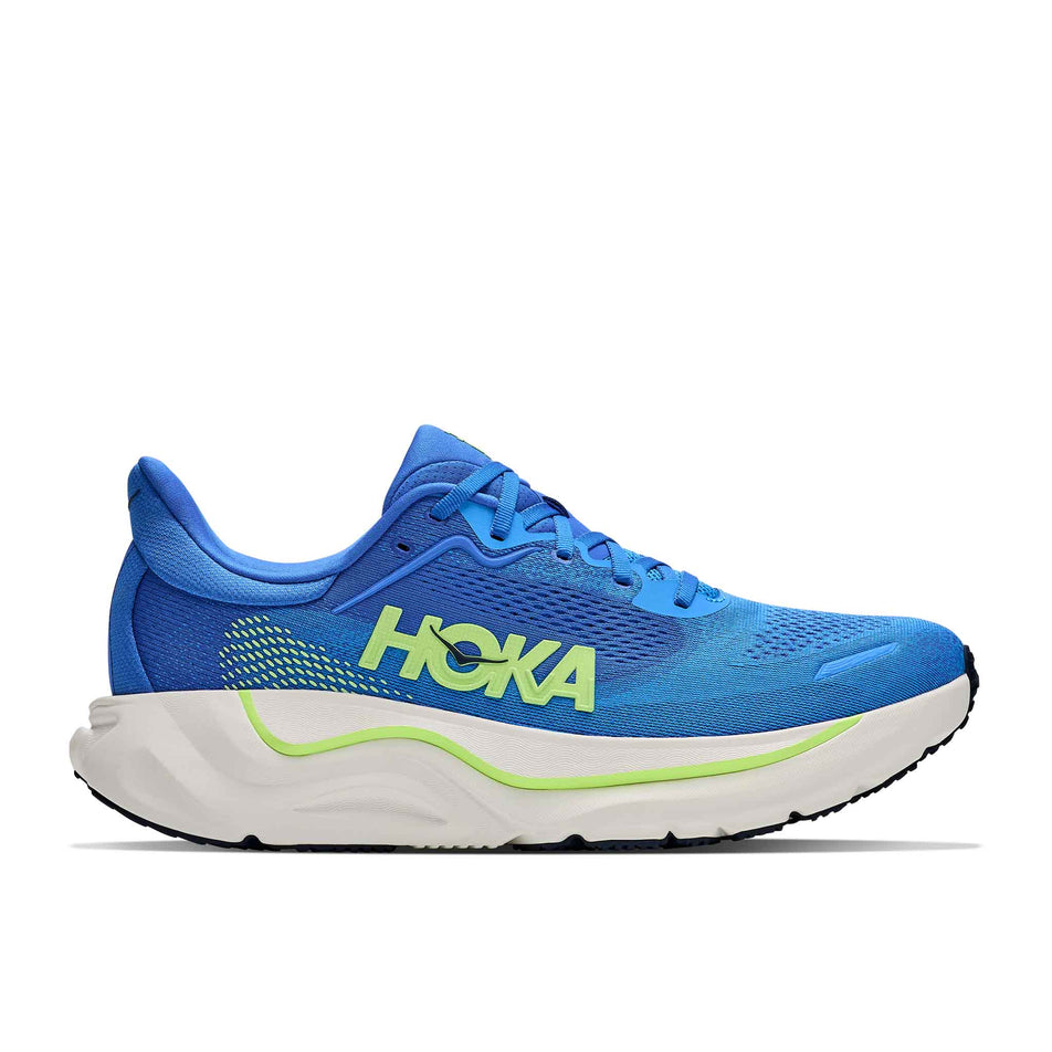 Lateral view of the right shoe from a pair of HOKA Men's Arahi 9 Running Shoes in the Virtual Blue/Soft Cobalt colourway.