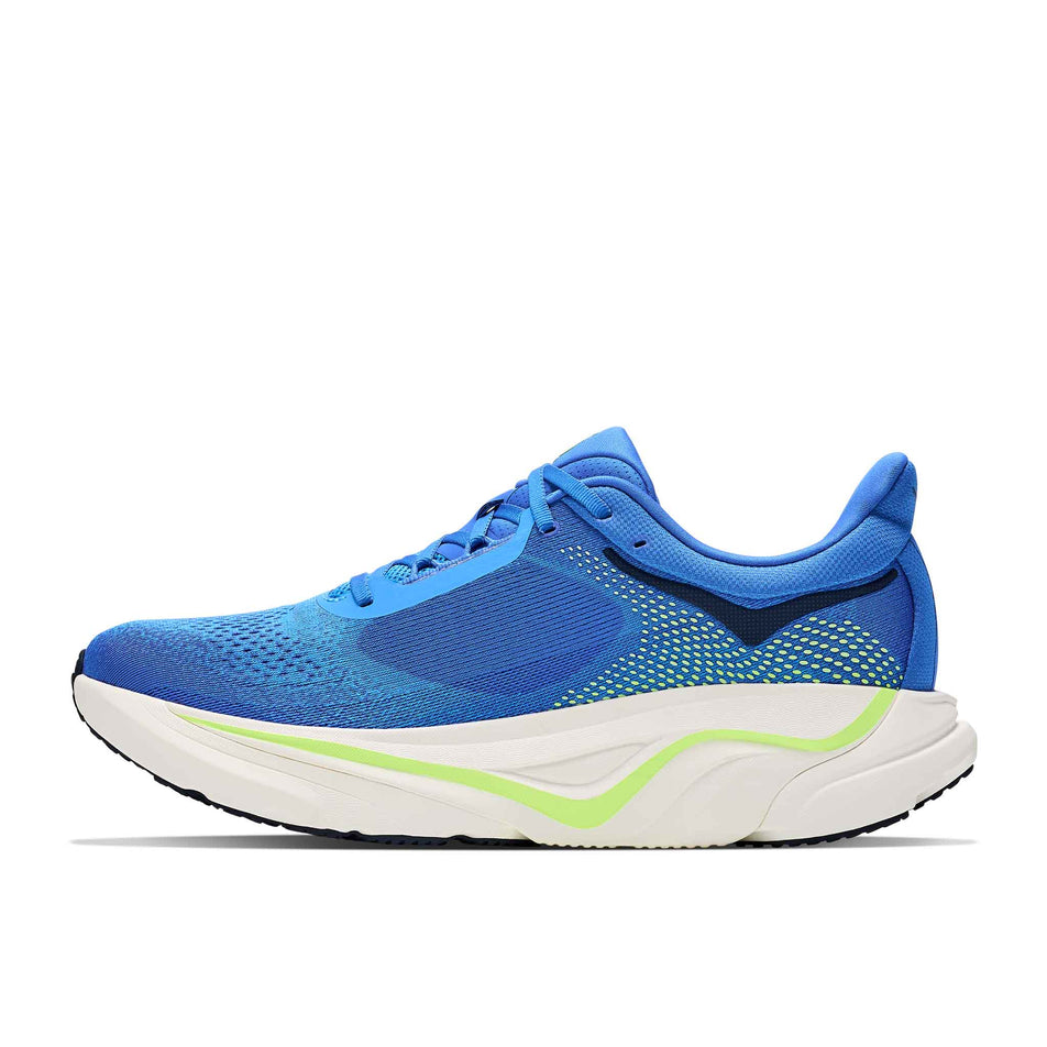 Medial view of the right shoe from a pair of HOKA Men's Arahi 9 Running Shoes in the Virtual Blue/Soft Cobalt colourway.