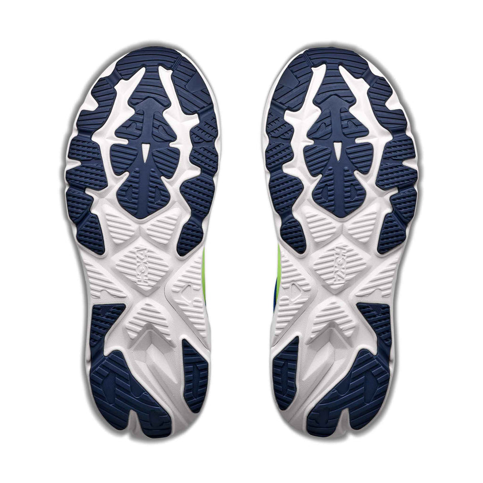 The outsoles of a pair of HOKA Men's Arahi 9 Running Shoes in the Virtual Blue/Soft Cobalt colourway.
