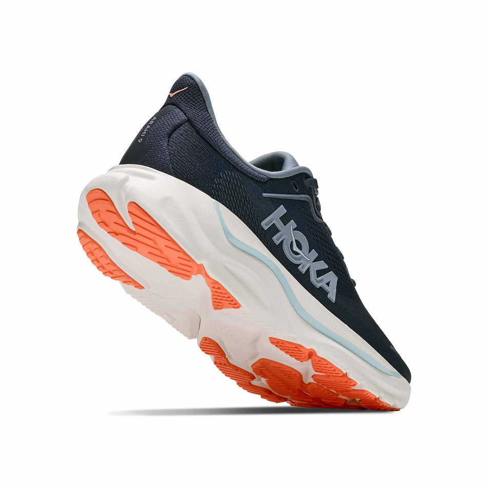 Lateral - and outsole - view of the right shoe from a pair of HOKA Women's Arahi 9 Running Shoes in the Varsity Navy/Faded Navy colourway.