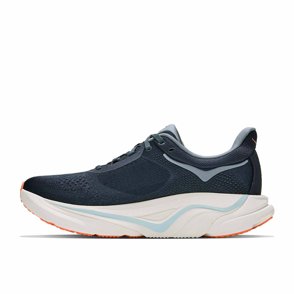 Medial view of the right shoe from a pair of HOKA Women's Arahi 9 Running Shoes in the Varsity Navy/Faded Navy colourway.