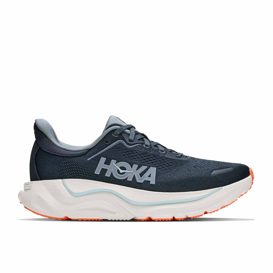 Lateral view of the right shoe from a pair of HOKA Women's Arahi 9 Running Shoes in the Varsity Navy/Faded Navy colourway.
