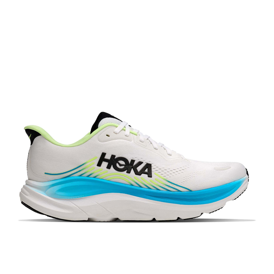 Lateral view of the right shoe from a pair of HOKA Men's Clifton 11 Running Shoes in the Frost/Black colourway.