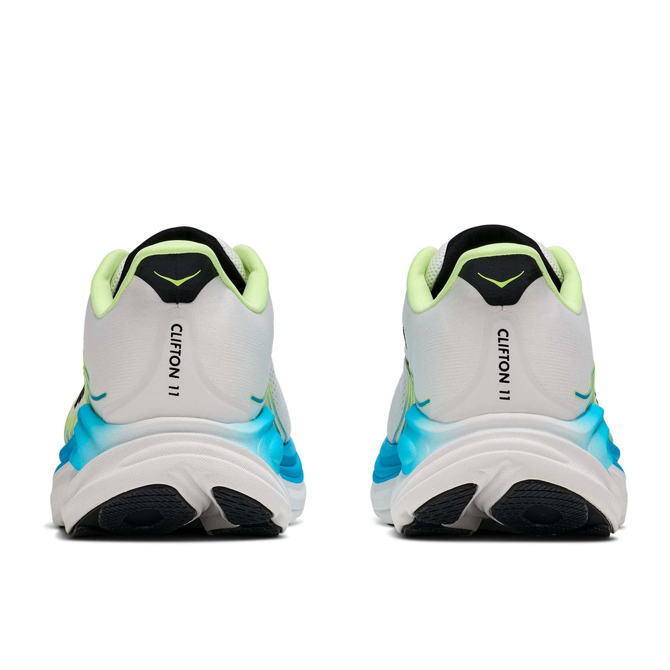 The back of a pair of HOKA Men's Clifton 11 Running Shoes in the Frost/Black colourway.