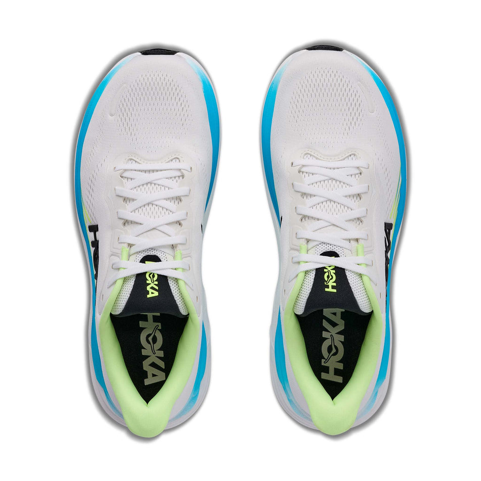 The uppers of a pair of HOKA Men's Clifton 11 Running Shoes in the Frost/Black colourway.