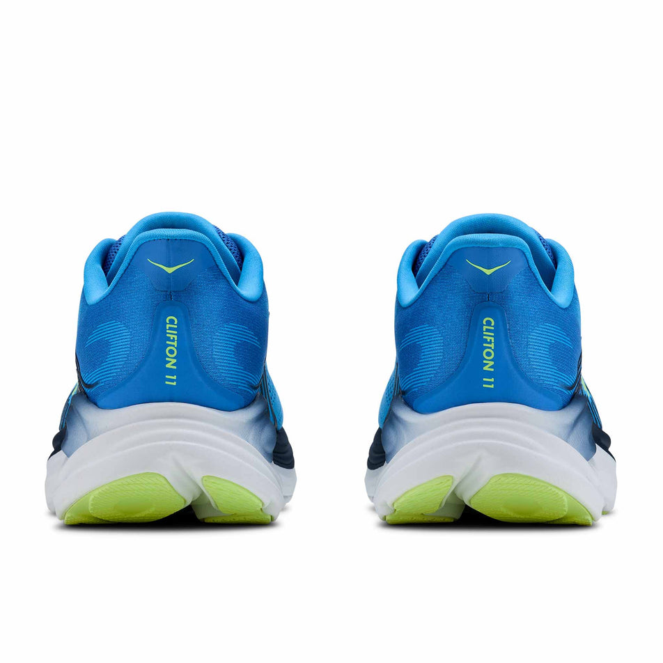 The back of a pair of HOKA Men's Clifton 11 Running Shoes in the Virtual Blue/Soft Cobalt colourway.