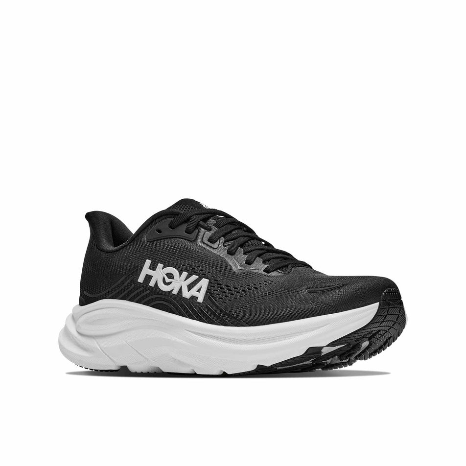 Lateral view of the right shoe from a pair of HOKA Women's Clifton 11 Running Shoes in the Black/White colourway.