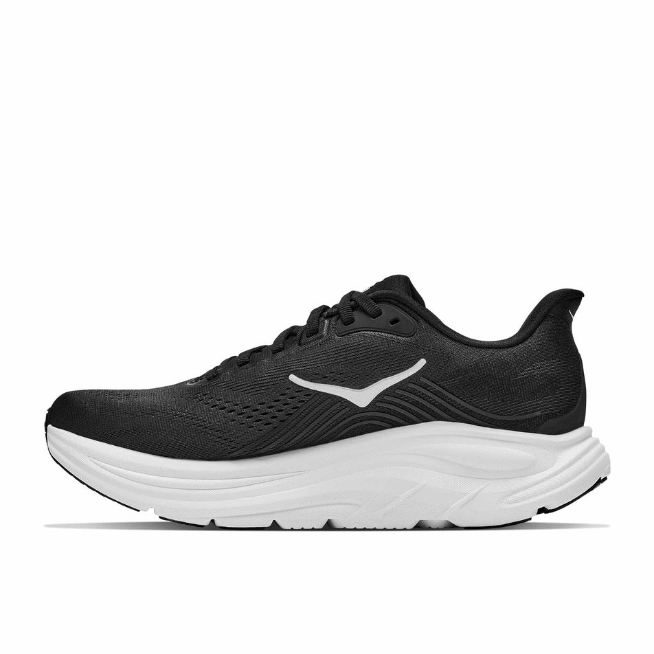 Medial view of the right shoe from a pair of HOKA Women's Clifton 11 Running Shoes in the Black/White colourway.