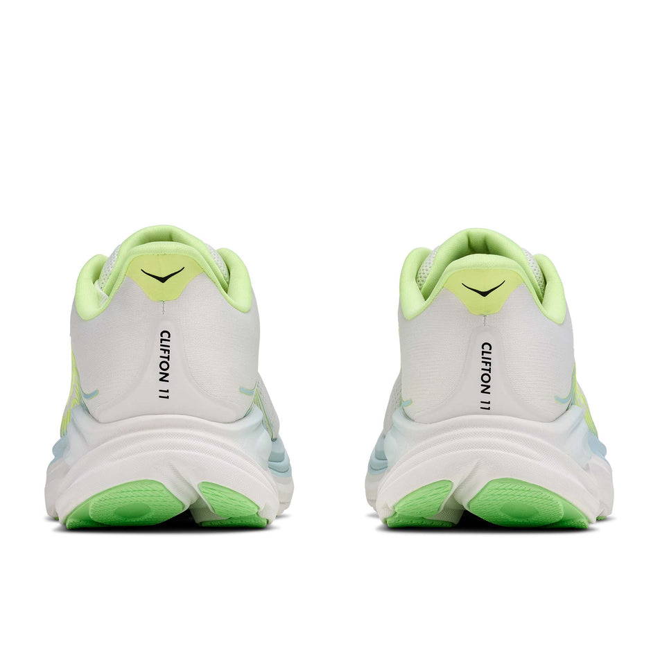 The back of a pair of HOKA Women's Clifton 11 Running Shoes in the Frost/Neon Yuzu colourway.