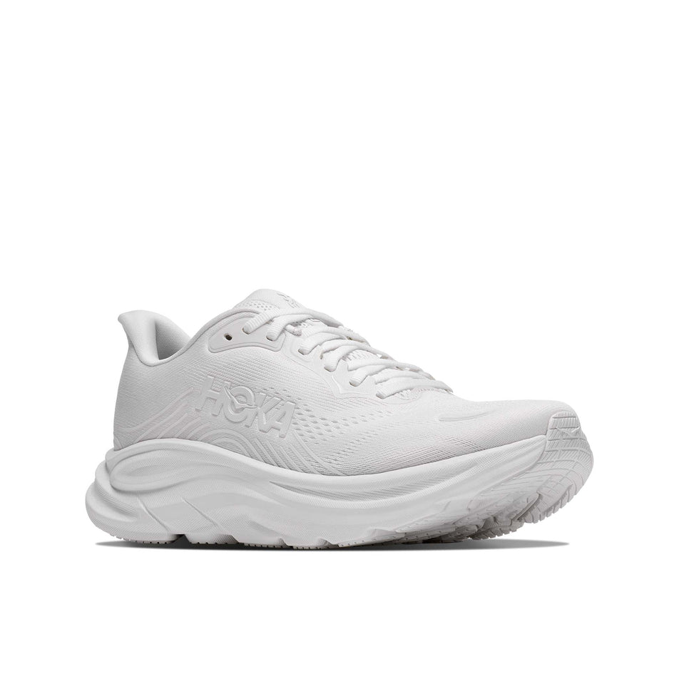 Lateral view of the right shoe from a pair of HOKA Women's Clifton 11 Running Shoes in the White/White colourway.