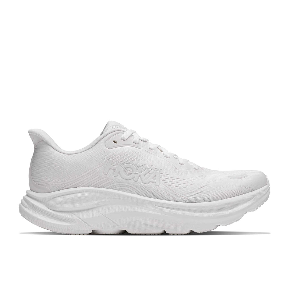 Lateral view of the right shoe from a pair of HOKA Women's Clifton 11 Running Shoes in the White/White colourway.