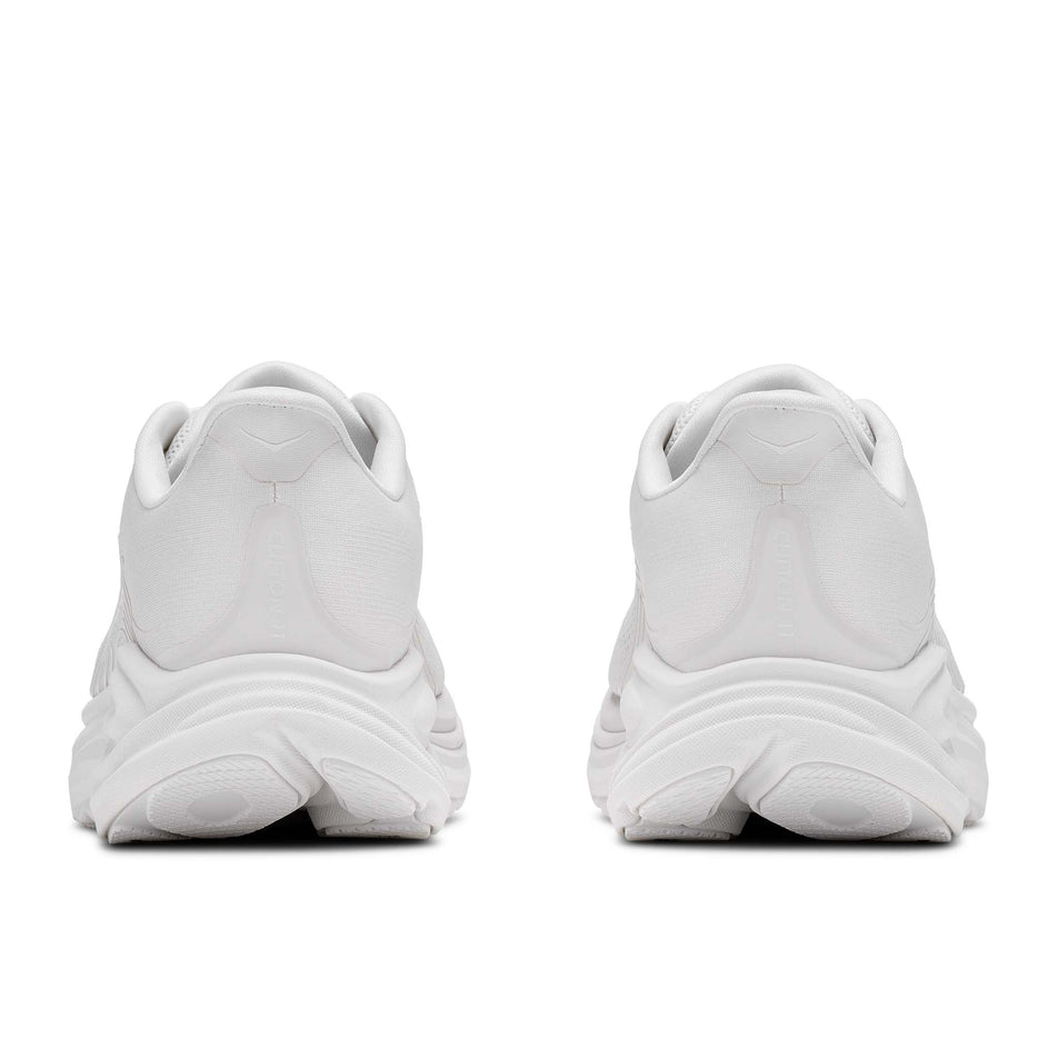 The back of a pair of HOKA Women's Clifton 11 Running Shoes in the White/White colourway.