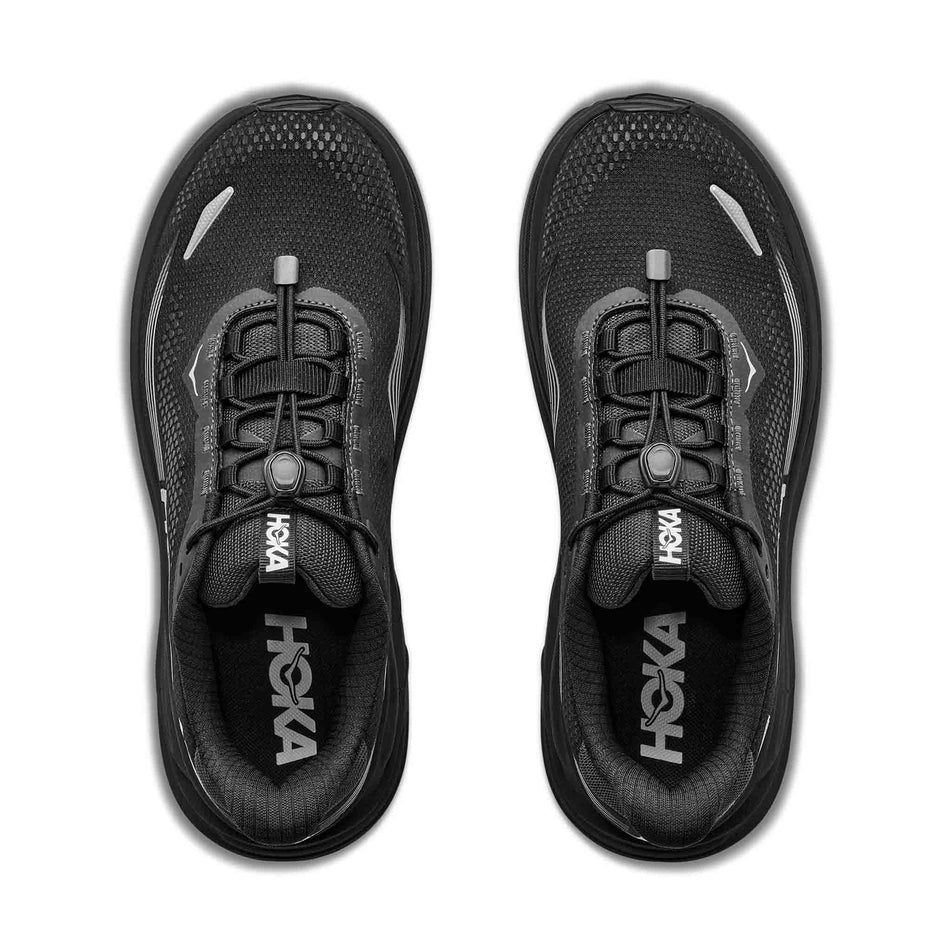 The uppers of a pair of HOKA Men's Clifton 11 GTX Running Shoes in the Black/Black colourway.