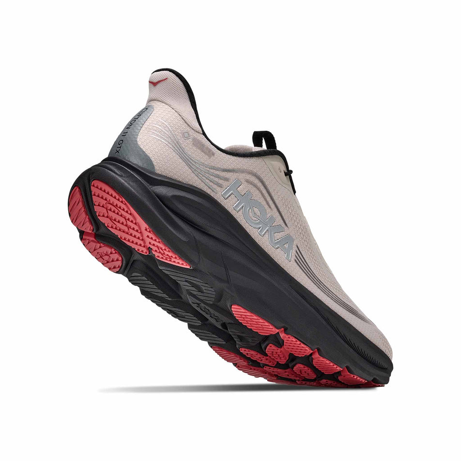 Lateral - and outsole - view of the right shoe from a pair of HOKA Men's Clifton 11 GTX Running Shoes in the River Rock Grey/Carbon Black colourway.