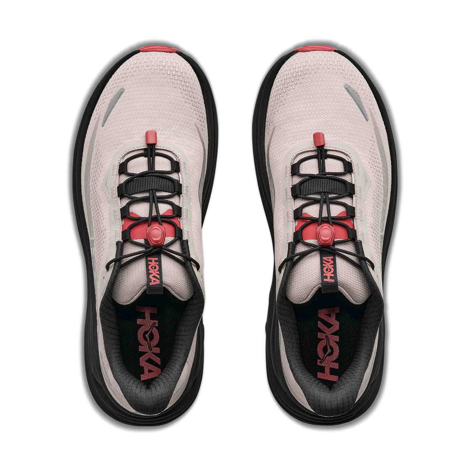 The uppers of a pair of HOKA Men's Clifton 11 GTX Running Shoes in the River Rock Grey/Carbon Black colourway.