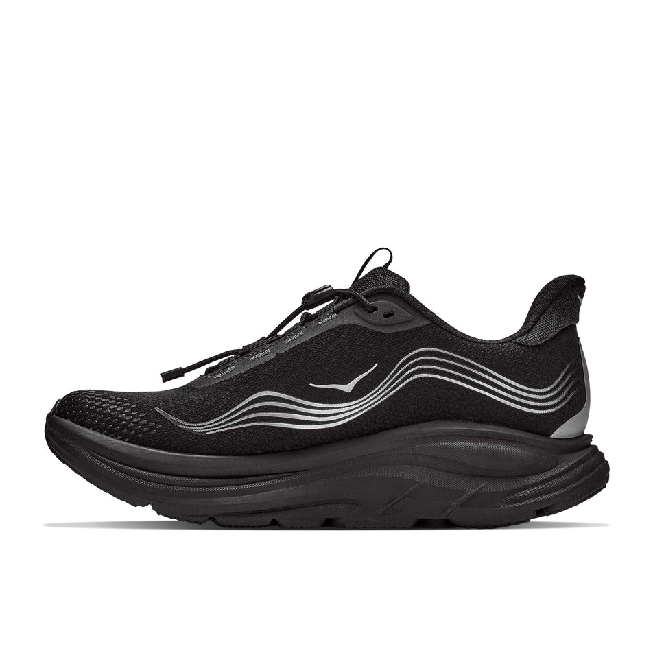 Medial view of the right shoe from a pair of HOKA Women's Clifton 11 GTX Running Shoes in the Black/Black colourway.