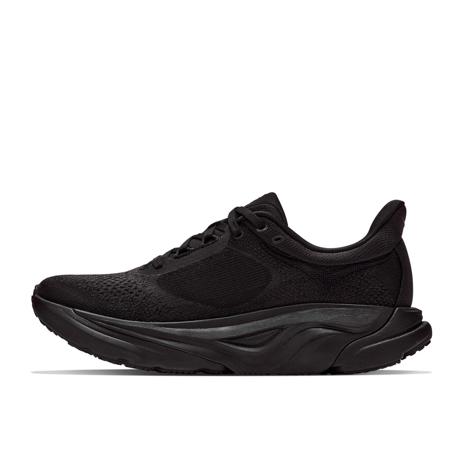 Medial view of the right shoe from a pair of HOKA Women's Arahi 9 Wide Running Shoes in the Black/Black colourway.