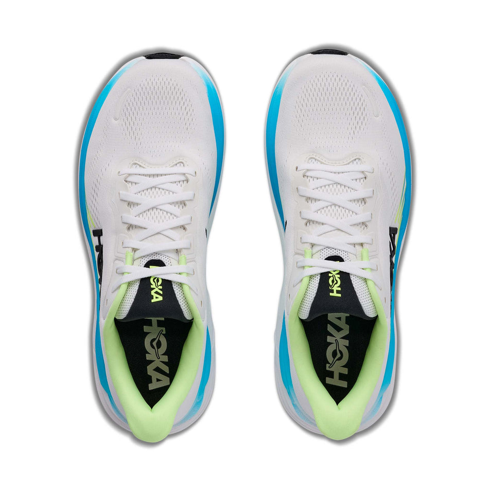 The uppers of a pair of HOKA Men's Clifton 11 Wide Running Shoes in the Frost/Black colourway.