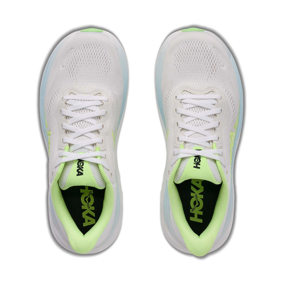 The uppers of a pair of HOKA Women's Clifton 11 Wide Running Shoes in the Frost/Neon Yuzu colourway.