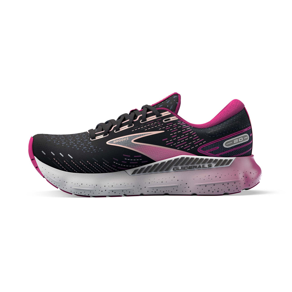 Medial side of the right shoe from a pair of Brooks Women's Glycerin GTS 20 Running Shoes in the Black/Fuchsia/Linen colourway (7904438190242)