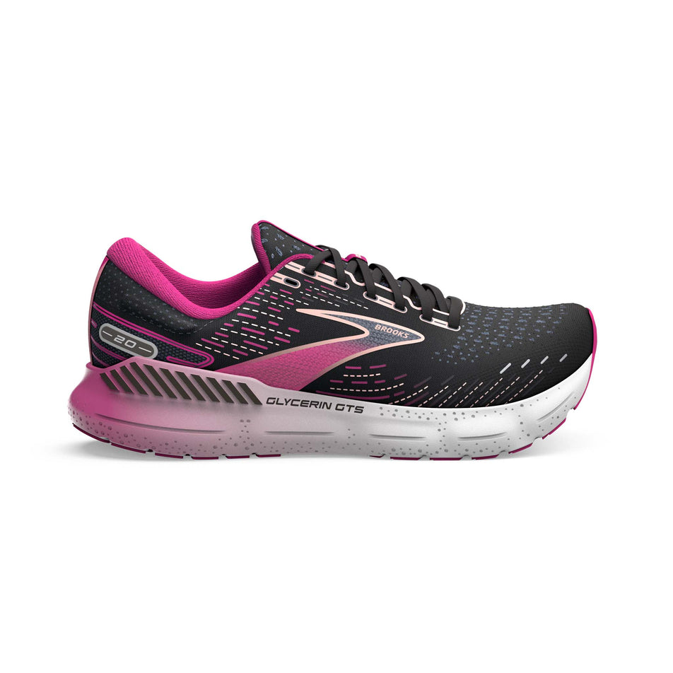 Lateral side of the right shoe from a pair of Brooks Women's Glycerin GTS 20 Running Shoes in the Black/Fuchsia/Linen colourway (7904438190242)