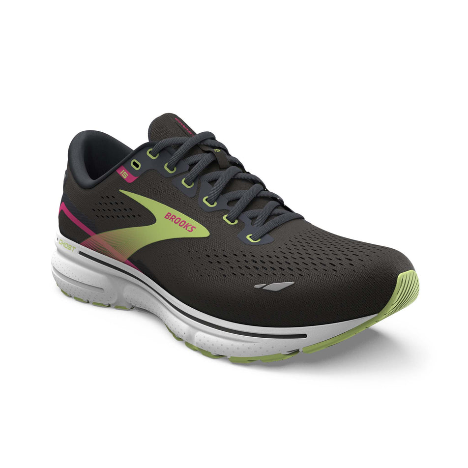 Lateral side of the right shoe from a pair of Brooks Women's Ghost 15 Running Shoes in the Black/Ebony/Sharp Green colourway (7904394969250)