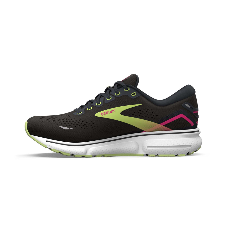 Medial side of the right shoe from a pair of Brooks Women's Ghost 15 Running Shoes in the Black/Ebony/Sharp Green colourway (7904394969250)