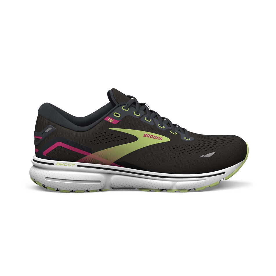 Lateral side of the right shoe from a pair of Brooks Women's Ghost 15 Running Shoes in the Black/Ebony/Sharp Green colourway (7904394969250)