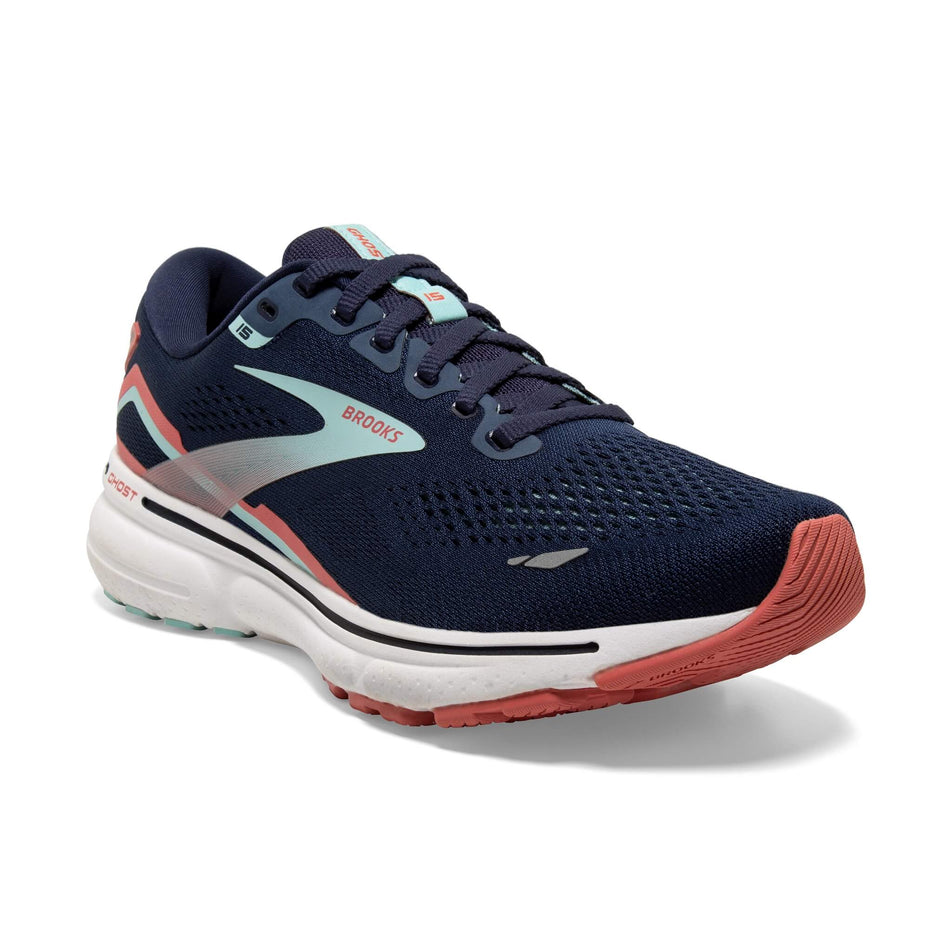 Lateral side of the right shoe from a pair of Brooks Women's Ghost 15 Running Shoes in the Peacoat/Canal Blue/Rose colourway (8113648926882)
