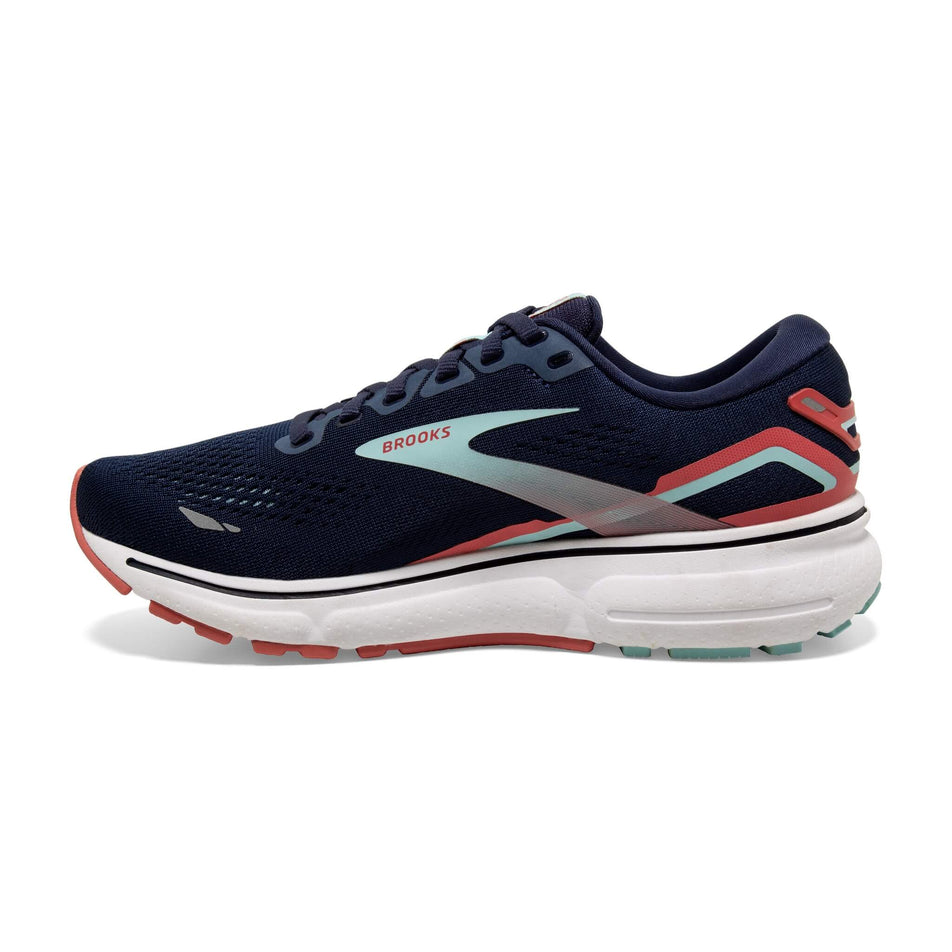 Medial side of the right shoe from a pair of Brooks Women's Ghost 15 Running Shoes in the Peacoat/Canal Blue/Rose colourway (8113648926882)