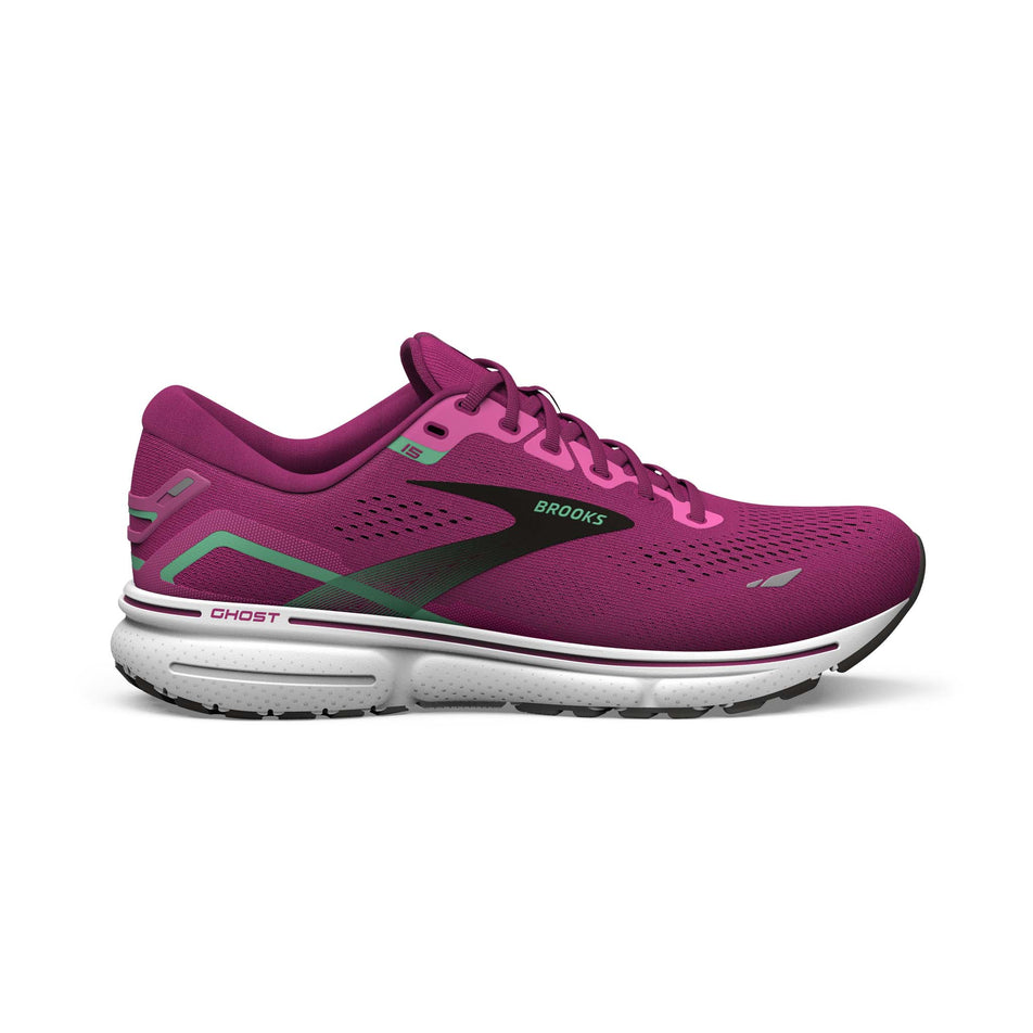 Lateral side of the right shoe from a pair of Brooks Women's Ghost 15 Running Shoes in the Pink/Festival Fuchsia/Black colourway (7904403030178)