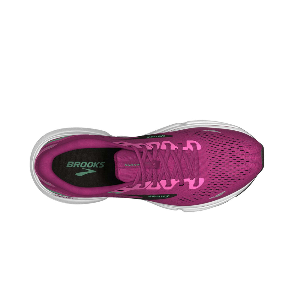 The upper of the right shoe from a pair of Brooks Women's Ghost 15 Running Shoes in the Pink/Festival Fuchsia/Black colourway (7904403030178)