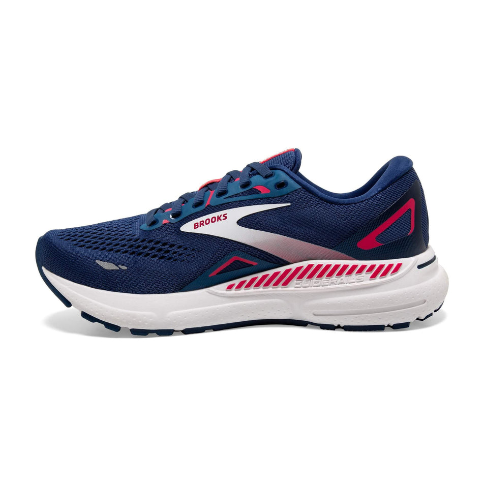 Medial side of the right shoe from a pair of Brooks Women's Adrenaline GTS 23 Running Shoes in the Blue/Raspberry/White colourway (8114241208482)
