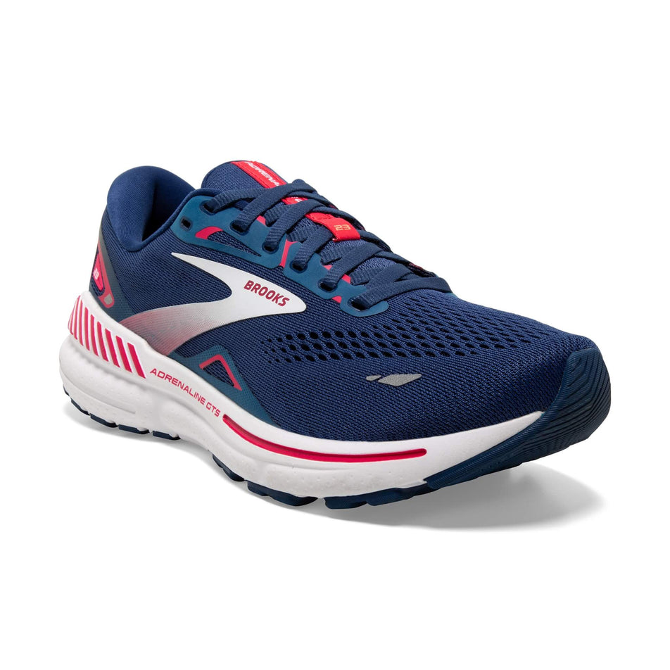 Lateral side of the right shoe from a pair of Brooks Women's Adrenaline GTS 23 Running Shoes in the Blue/Raspberry/White colourway (8114241208482)