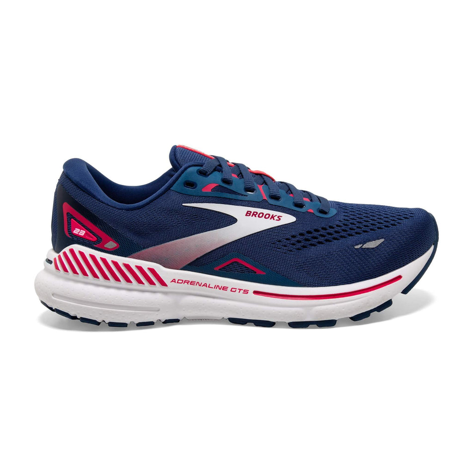 Lateral side of the right shoe from a pair of Brooks Women's Adrenaline GTS 23 Running Shoes in the Blue/Raspberry/White colourway (8114241208482)