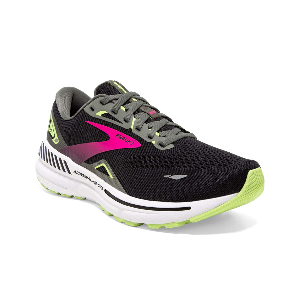 Lateral side of the right shoe from a pair of Brooks Women's Adrenaline GTS 23 1D Running Shoes in the Black/Gunmetal/Sharp green Colourway (7904430391458)