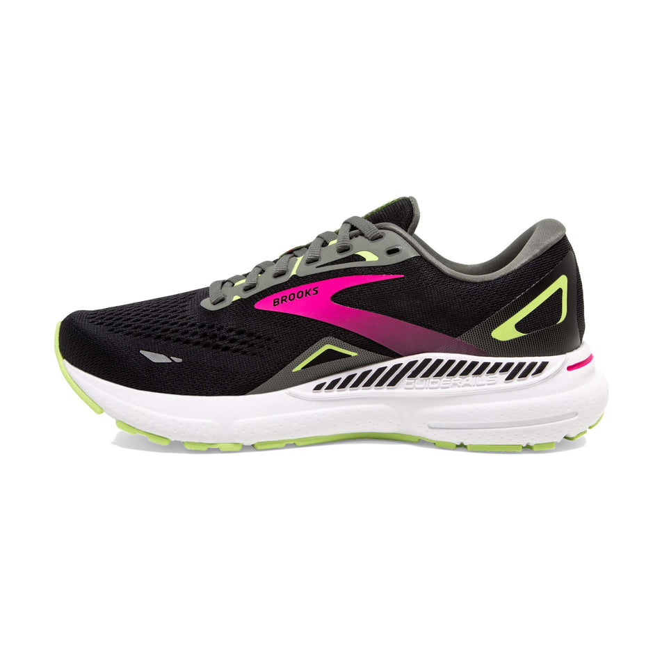 Medial side of the right shoe from a pair of Brooks Women's Adrenaline GTS 23 1D Running Shoes in the Black/Gunmetal/Sharp green Colourway (7904430391458)