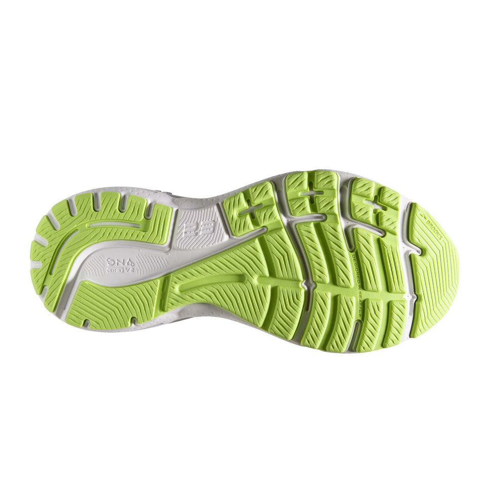 The outsole of the right shoe from a pair of Brooks Women's Adrenaline GTS 23 1D Running Shoes in the Black/Gunmetal/Sharp green Colourway (7904430391458)
