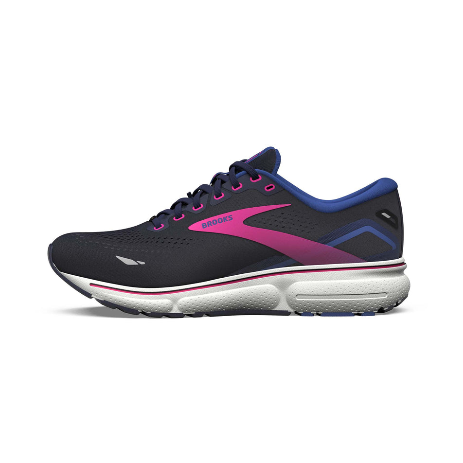 Medial side of the left shoe from a pair of Brooks Women's Ghost 15 GORE-TEX Running Shoes in the Peacoat/Blue/Pink colourway  (7904410697890)