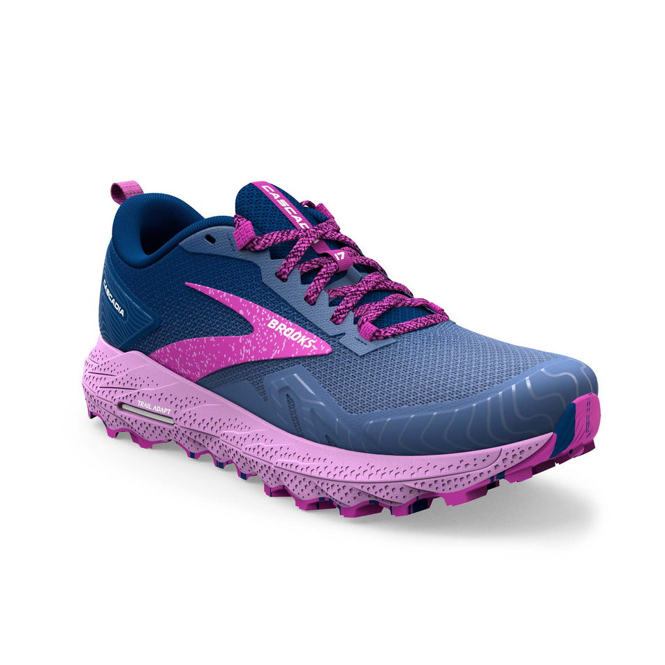 Lateral side of the right shoe from a pair of Brooks Women's Cascadia 17 Running Shoes in the Navy/Purple/Violet colourway (7904446120098)