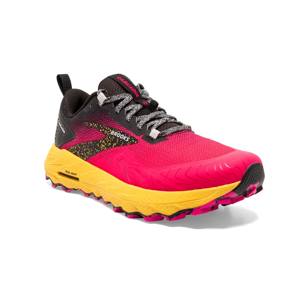 Lateral side of the right shoe from a pair of Brooks Women's Cascadia 17 Running Shoes in the Diva Pink/Black/Lemon Chrome colourway (8114246811810)