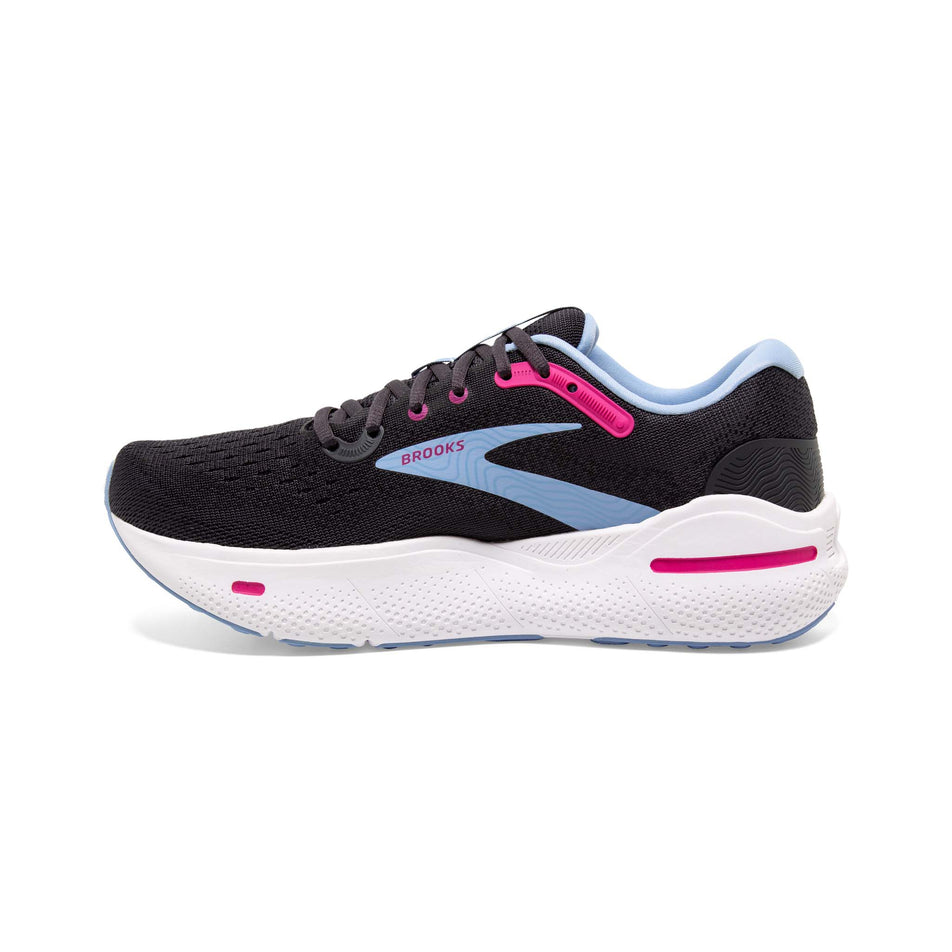 Medial side of the right shoe from a pair of Brooks Women's Ghost Max Running Shoes in the Ebony/Open Air/Lilac Rose colourway (8114239045794)