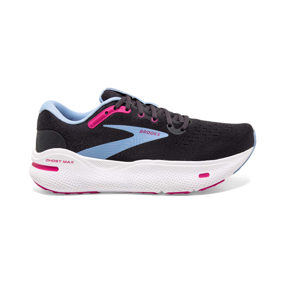 Lateral side of the right shoe from a pair of Brooks Women's Ghost Max Running Shoes in the Ebony/Open Air/Lilac Rose colourway (8114239045794)