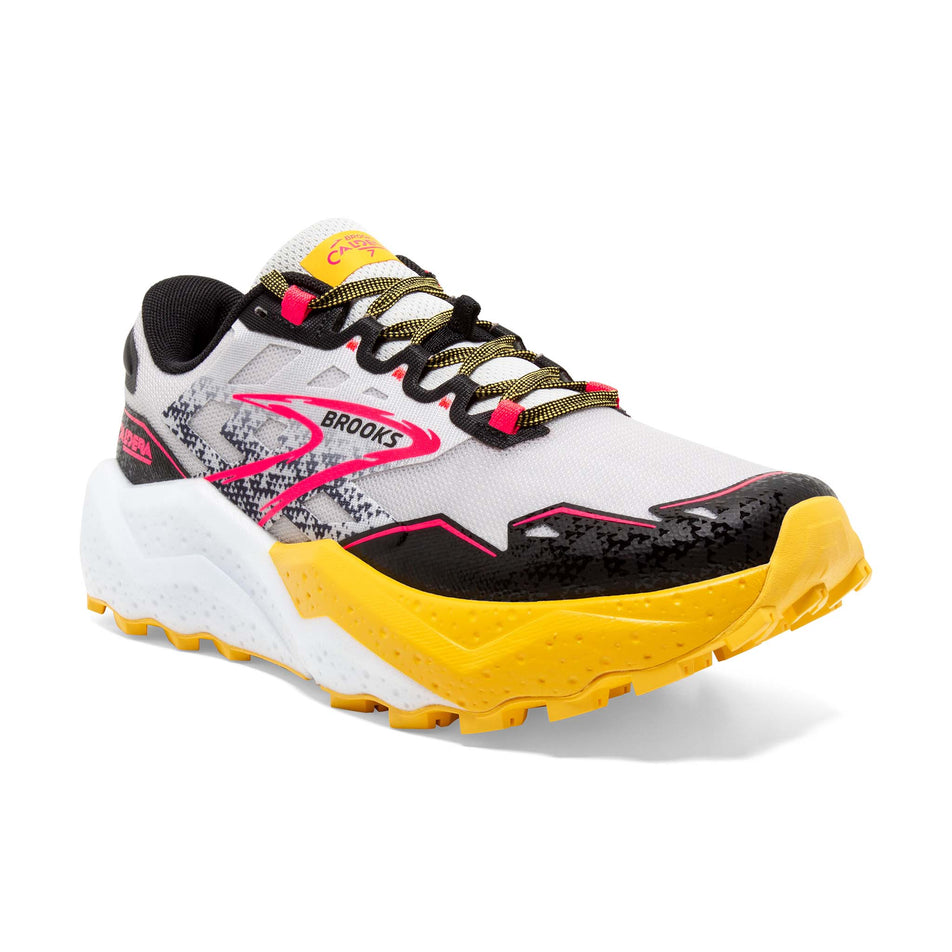 Lateral side of the right shoe from a pair of Brooks Women's Caldera 7 Running Shoes in the Lunar Rock/Lemon Chrome/Black colourway (8114243829922)